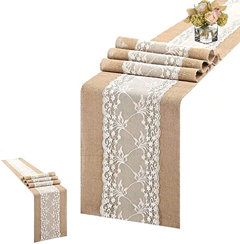 Jute Tischläufer Tischdecke Mit Weiß Spitze, Vintage Tischdeko Tischband Aus Natürliches Sackleinen, Rustic Burlap Juteband Tischdekoration Für Hochzeit Events Gartenparty (2 Stück / 30*180cm) von FYBlossom