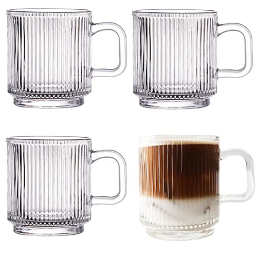 Latte Macchiato Gläser Mit Henkel Und Holzdeckel, 4er Set 340ML Kaffeeglas Teegläser Vertikale Streifen Design Gläser, Borosilikatglas Kaffeetassen Glas Für Cappuccino, Tee, Milch, Bier, Getränke von FYBlossom