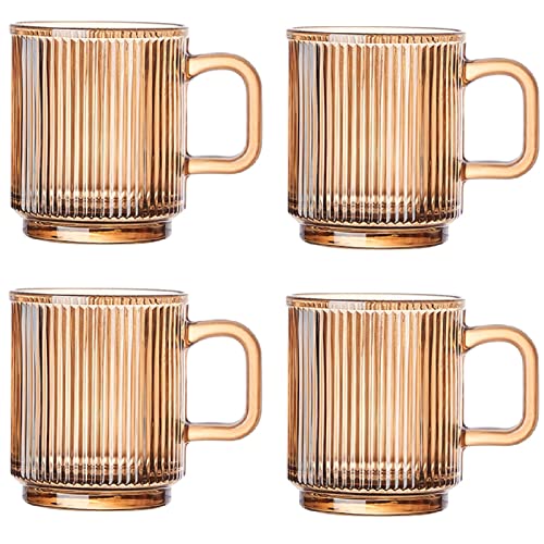Latte Macchiato Gläser Mit Henkel Und Holzdeckel, 4er Set 340ML Kaffeeglas Teegläser Vertikale Streifen Design Gläser, Borosilikatglas Kaffeetassen Glas Für Cappuccino, Tee, Milch, Bier, Getränke von FYBlossom