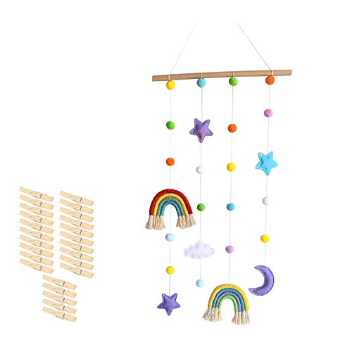 Makramee Regenbogen Wandbehang Boho Room Decor, Wolke Regenbogen Hängende Foto-Display Dekoration Mit 25 Holz-Clips, Handgewebte Tapisserie Kinder Wand Dekoration Für Kinderzimmer Schlafzimmer von FYBlossom