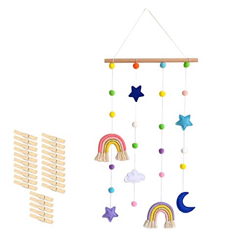 Makramee Regenbogen Wandbehang Boho Room Decor, Wolke Regenbogen Hängende Foto-Display Dekoration Mit 25 Holz-Clips, Handgewebte Tapisserie Kinder Wand Dekoration Für Kinderzimmer Schlafzimmer von FYBlossom