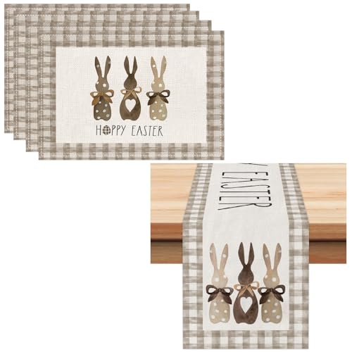 Ostern Tischläufer Und Tischsets Set, Frühling Tischdecke Platzsets Abwischbar Tisch Platzdeckchen, Rutschfest Ostern Kaninchen Tischdecke Aus Leinen Für Frühling Küche Esstisch Dekoration (Stil D) von FYBlossom