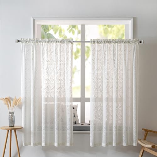 Scheibengardine Bistrogardine Weiß Halbtransparente Vorhänge, 2er Set Bistrogardine Voile Transparent Kurzstores Voile Gardine Mit Schlaufen, Privatsphäre Fenstervorhang Deko (Stil C, 65Bx60H(CM)) von FYBlossom