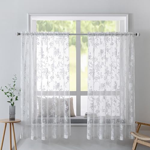 Scheibengardine Bistrogardine Weiß Halbtransparente Vorhänge, 2er Set Bistrogardine Voile Transparent Kurzstores Voile Gardine Mit Schlaufen, Privatsphäre Fenstervorhang Deko (Stil D, 65Bx60H(CM)) von FYBlossom