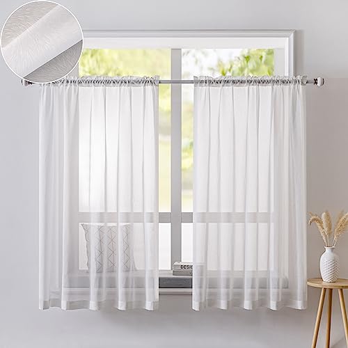 Scheibengardinen Weiß Gardine Voile Halbtransparent Bistrogardine Voile, 2er-Set Vorhang Weiß Transparent Mit Schlaufen, Sheer Vorhang Fensterschal Deko Für Kleine Fenster Küche Cafe Wohnzimmer von FYBlossom