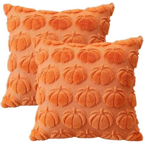 FYCYGG 2er Set Kürbis Kissenbezüge, Dekorativ Zierkissenbezüge für Kissenhüllen Sofakissen Kissenbezug Herbstdeko für Wohnzimmer Garten für Halloween Thanksgiving(Orange,45cmx45cm(2 Pack)) von FYCYGG