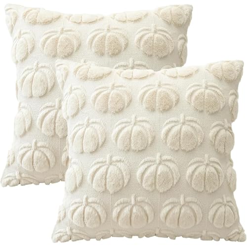 FYCYGG 2er Set Kürbis Kissenbezüge, Dekorativ Zierkissenbezüge für Kissenhüllen Sofakissen Kissenbezug Herbstdeko für Wohnzimmer Garten für Halloween Thanksgiving(White,50cmx50cm(2 Pack)) von FYCYGG