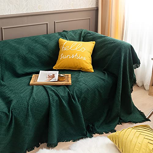 FYDZ Gestrickte Jacquard-Überwurfdecke mit Fransen – multifunktionale, dekorative Baumwolldecke für Sofa, Bett (Dunkelgrün, 01,90 x 210 cm) von FYDZ