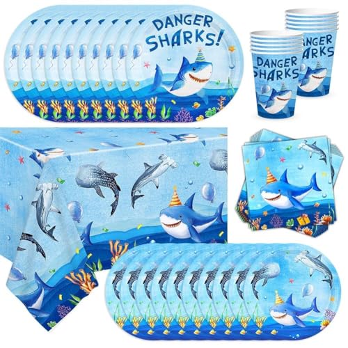 Shark Partygeschirr Set,Cute Shark Wiederverwendbare Geburtstag Geschirr Kit Abendessen Dessert Teller Servietten Tassen, Kinder Geburtstagsparty Tischdeko für 10 Personen von FYDZBSL