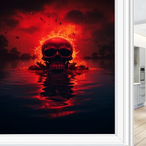 Gothic Lake Skull One Way Sichtschutz Fensterfolie Rote Knochen Horror Abstrakte Hitzeblockierung Fenster Clings Selbstklebende Sichtschutzfolie 60x90cm von FYFMUSHE