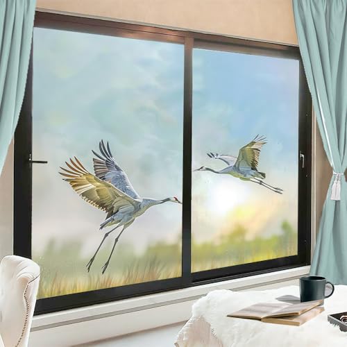 Modern Crane One Way Sichtschutz Fensterfolie Abstraktes Gras Tier Fliegend Hitzeblockierung Fenster Clings Selbstklebende Sichtschutzfolie 45 x 60 cm x 2 Stück von FYFMUSHE