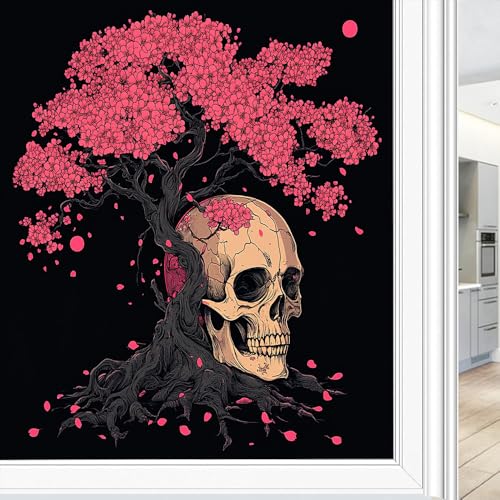 Vintage Horror Skulls One Way Sichtschutz Fensterfolie Rustikale Blume Baum Skelett Hitze Blockierung Fenster Clings Selbstklebende Privatsphäre Abdeckfolie 60x90cm von FYFMUSHE