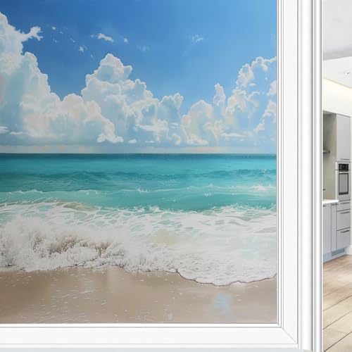 Vintage Ocean View Frosted Window Privacy Film, Natural Abstract Beach Tropical Glass Covering, Static Cling Window Sticker Decals for Home 60x90cm von FYFMUSHE