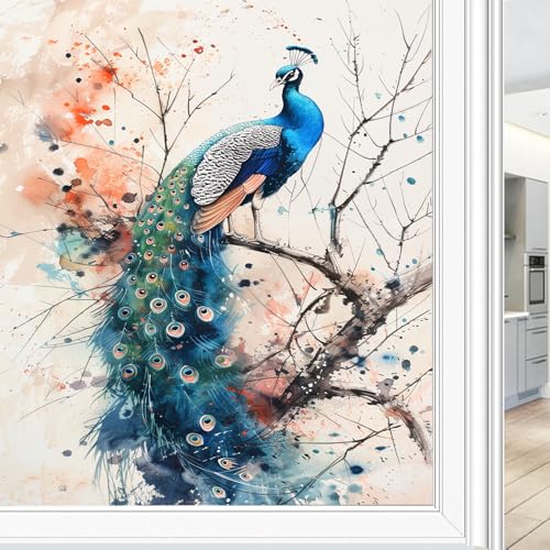 Vintage Pfau Fenster Sichtschutzfolie Wilde Natur Vogel Blau Federn Milchglas Fensterfolie Dekorative Statische Haftung für Glas für Zuhause 45 x 60 cm von FYFMUSHE