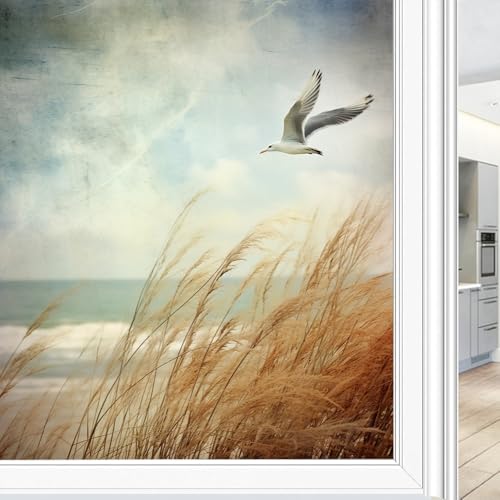 Zeitgenössische Sichtschutzfolie mit Möwe, Wildgrasland, Küste, Seevögel, Milchglas, Fensterfolie, dekorativ, statisch haftend, für Glas für Zuhause, 70 x 100 cm von FYFMUSHE