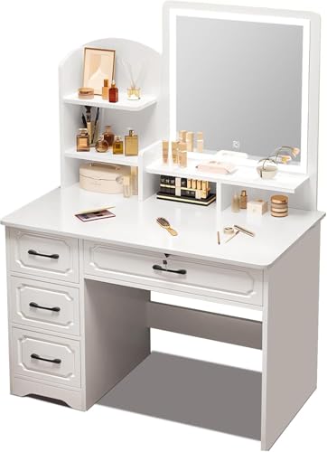 FYHCY Schminktisch Mit LED-Licht Großer Spiegel Frisiertisch, 4 Schubladen Ablagefächer Weißer Kosmetiktisch Aus Holz Für Mädchen Im Schlafzimmer A von FYHCY