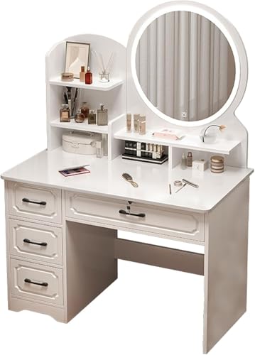 FYHCY Schminktisch Mit LED-Licht Großer Spiegel Frisiertisch, 4 Schubladen Ablagefächer Weißer Kosmetiktisch Aus Holz Für Mädchen Im Schlafzimmer B von FYHCY