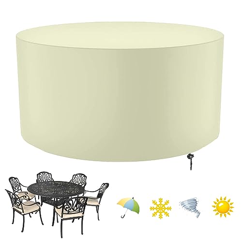 Abdeckung für Gartenmöbel, Runde Schutzhülle für Gartentisch mit Kordelzug, Gartenmöbel Abdeckung Rund Multi Größe, 420D Oxford-Gewebe, wasserdicht, winddicht, UV-beständig(Φ160×H75cm)-Beige von FYHDSH
