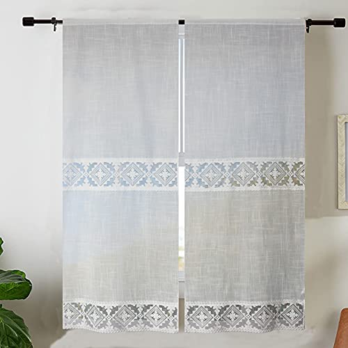 FYJS 1 Paar Vorhänge für Fenster mit Spitze, Bestickt, Blumenmotiv, Moderne Küchengardine aus Leinen-Polyester, Shabby Chic, einfarbig, 60 x 240 cm, 2 Einheiten Weiß von FYJS