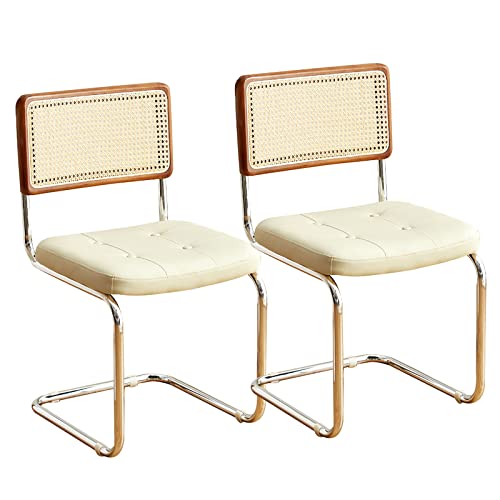 FYNNDM 2er-Set Esszimmerstühle aus Rattan, Mid-Century Modern Küchen- und Esszimmermöbel mit Rohrgeflecht-Rückenlehne, bequemer Schreibtischstuhl mit Lederpolsterung und Metallbein von FYNNDM