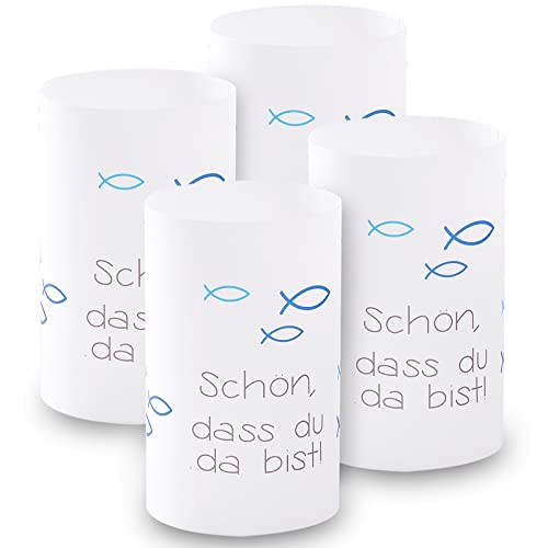 Windlicht Fisch Deko, 8 Stück Mini Tischlichter Kerzen Deko als Tischdeko für Junge und Mädchen Kommunion Konfirmation Taufe Teelichter I Schön DASS du da bist I ca. 6,0 x 10,0 cm (Blau) von FYOJAIC