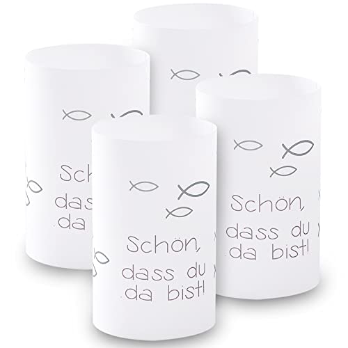 Windlicht Fisch Deko, 8 Stück Mini Tischlichter Kerzen Deko als Tischdeko für Junge und Mädchen Kommunion Konfirmation Taufe Teelichter I Schön DASS du da bist I ca. 6,0 x 10,0 cm (Grau) von FYOJAIC