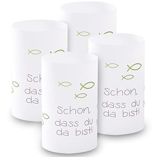Windlicht Fisch Deko, 8 Stück Mini Tischlichter Kerzen Deko als Tischdeko für Junge und Mädchen Kommunion Konfirmation Taufe Teelichter I Schön DASS du da bist I ca. 6,0 x 10,0 cm (Grün) von FYOJAIC