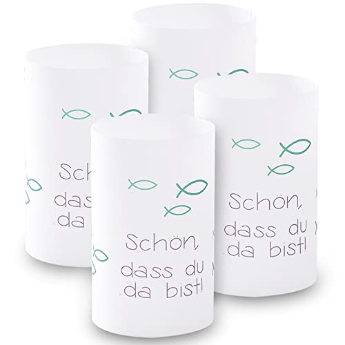 Windlicht Fisch Deko, 8 Stück Mini Tischlichter Kerzen Deko als Tischdeko für Junge und Mädchen Kommunion Konfirmation Taufe Teelichter I Schön DASS du da bist I ca. 6,0 x 10,0 cm (Türkis) von FYOJAIC