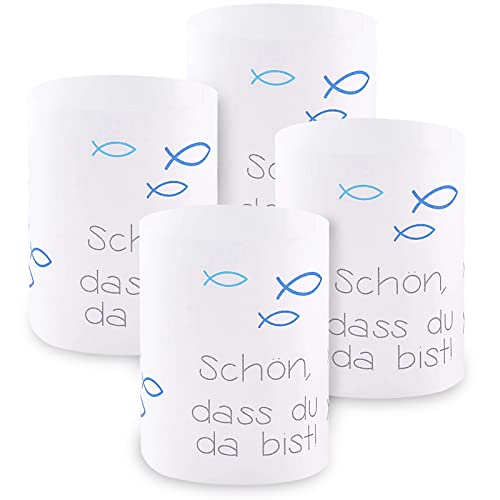 Windlicht Fisch Deko, 8 Stück Mini Tischlichter Kerzen Deko als Tischdeko für Junge und Mädchen Kommunion Konfirmation Taufe Teelichter I Schön DASS du da bist I ca. 8,0 x 10,0 cm (Blau) von FYOJAIC