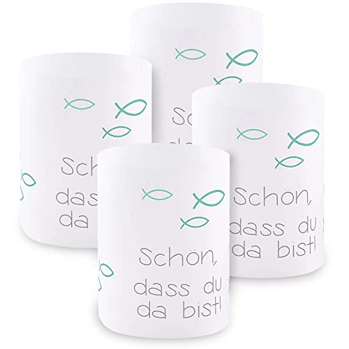 Windlicht Fisch Deko, 8 Stück Mini Tischlichter Kerzen Deko als Tischdeko für Junge und Mädchen Kommunion Konfirmation Taufe Teelichter I Schön DASS du da bist I ca. 8,0 x 10,0 cm (Türkis) von FYOJAIC