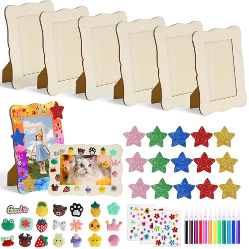 FYSL 6er-Set Holzbilderrahmen zum Bemalen für Kinder (14x19cm) | Bilderrahmen Bastelset mit 12 Wasserfarben, Glitzersteinen & 3D-Stickern | Kreativ-Set zur Selbstgestaltung von FYSL