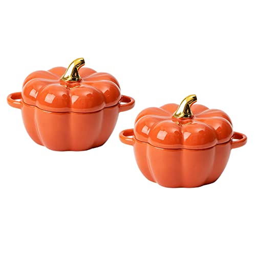 Kürbisschüssel-Set mit Deckel und Griff, 2er-Set Keramik-Auflaufförmchen zum Backen, Auflaufform einzelner Trenntopf, Steingut, ofenfest, 400 ml (Orange) von FYUEROPA