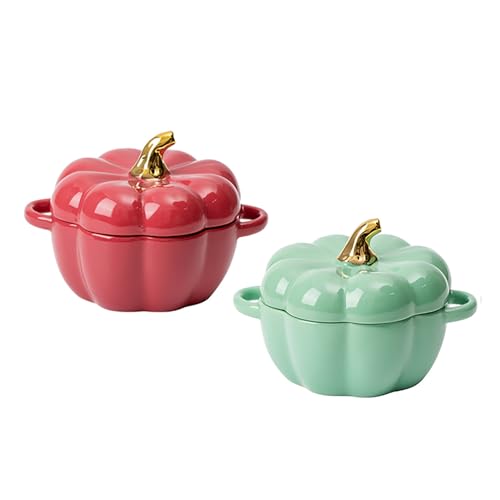 Kürbisschüssel-Set mit Deckel und Griff, 2er-Set Keramik-Auflaufförmchen zum Backen, Auflaufform einzelner Trenntopf, Steingut, ofenfest, 400 ml (Rot und Grün) von FYUEROPA