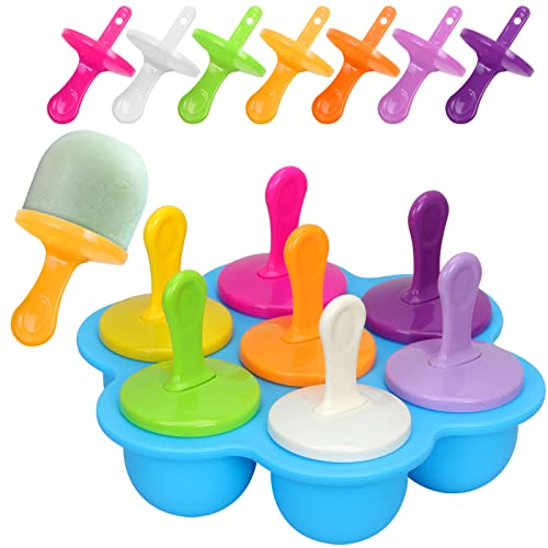 FYY Eisförmchen Popsicle Formen,Mini Eisformen EIS Silikonform 7 Mulden,Eiscreme-Form, DIY-Eiswürfelform mit Bunten Kunststoffstäbchen, Antihaftbeschichtete Eiswürfelschalen, Babynahrungsbehälter von FYY