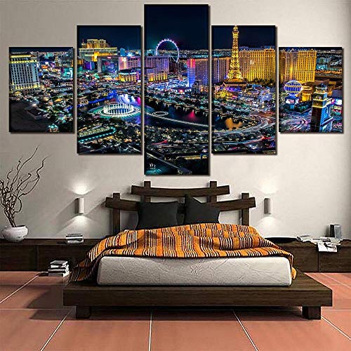 FYZKAY Bilder 5-teilig Leinwandbilder Las Vegas Stadt Landschaft Gemälde Leinwand HD Drucke Bilder Wandkunst Home Dekorative Poster Moderne Kunstwerke Rahmenlos von FYZKAY