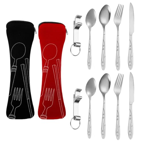 Edelstahl Besteck Campingbesteck,Besteckset und Reisebesteck mit Gabel,Tragbare Outdoor Besteck Set,Camping Besteck To Go mit Bestecktasche,für Reise Camping Schul Picknick（Schwarz、Rot） von FYZSJWL