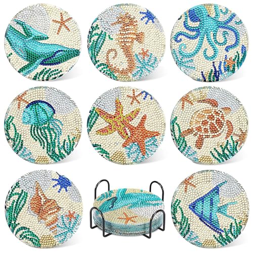 FYting 8 Stück Diamond Painting Untersetzer,Diamond Painting Erwachsene mit Untersetzer Halter,DIY Unterwasserwelt Untersetzer für Nachmittagstee, Familientreffen und Feiertagsessen (Blau) von FYting