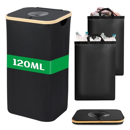 FYting Pfandflaschen SammelbehäLter,120 L Pfandflaschen Behälter XXL mit 2 Stück Herausnehmbarem Wasserdichtem Innenbeutel, Faltbarer SchmutzwäSchebehäLter mit Deckel Für Kleidung, Spielzeug(Schwarz) von FYting
