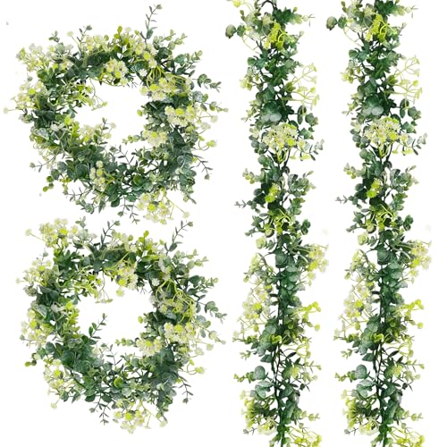 FZENeast 4 Stück Künstliche Eukalyptus Girlande, 165 m Lange Künstliche Eukalyptus Deko mit Weiße Blume, Grüne Pflanze Hängepflanze für Mittelstück Party Tischdeko Hochzeit Dekoration von FZENeast