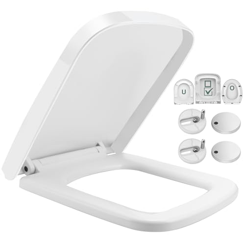 FZENeast Toilettendeckel, WC Sitz mit Absenkautomatik, Antibakteriell Abnehmbar Quadratisch Klodeckel aus Duroplast Toilettensitz mit Verstellbare Scharniere(Eckig) von FZENeast