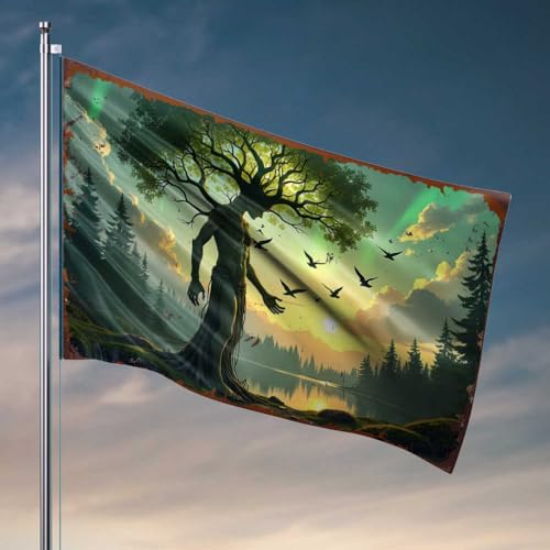 Autofahnen für Zimmer, Naturwächter: Ein mythischer Baummann, der hoch inmitten von Seren Flagge steht, Raumzubehör für Herren, Camper-Dekor (152 x 244 cm) von FZFN