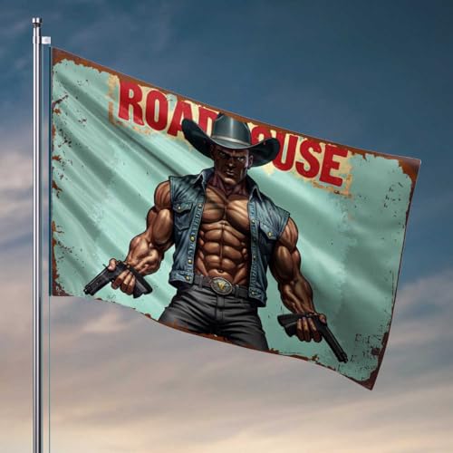 Bar-Dekoration für Zuhause, Roadhouse Cowboy: Eine muskulöse Western-Legende mit Dual-Pistolen-Flagge, Teenager-Jungen-Raumdekoration, Raumzubehör für Männer (60 x 90 cm) von FZFN