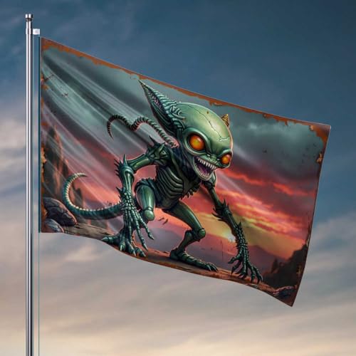 Coole Flaggen für Männerhöhle, grünes Alien-Monster mit orangefarbenen Augen in einem dramatischen Sonnenuntergang, Schlafzimmer, Zubehör, Outdoor-Flaggen, dekorativ (152 x 244 cm) von FZFN