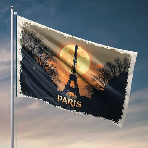 Coole Flaggen für Männerhöhle Paris Mondschein Romantik: Eiffelturm-Silhouette gegen Vollmond-Flagge, Schlafzimmer-Zubehör, Outdoor-Flaggen, dekorativ (120 x 180 cm) von FZFN
