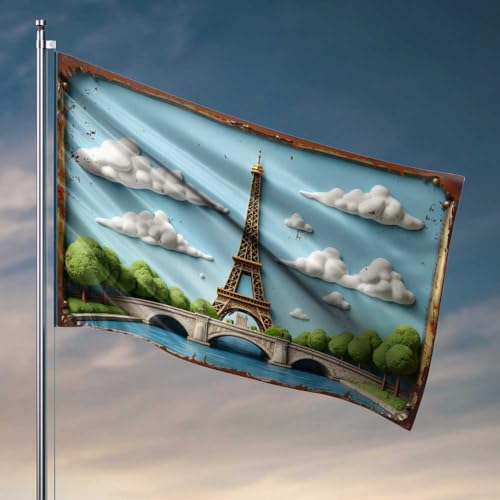 Coole Posterflaggen, 3D-Kunst, Motiv: Eiffelturm mit Brücke und Bäumen, Indie-Raumdekoration, Herren-Höhlendekoration (152 x 244 cm) von FZFN