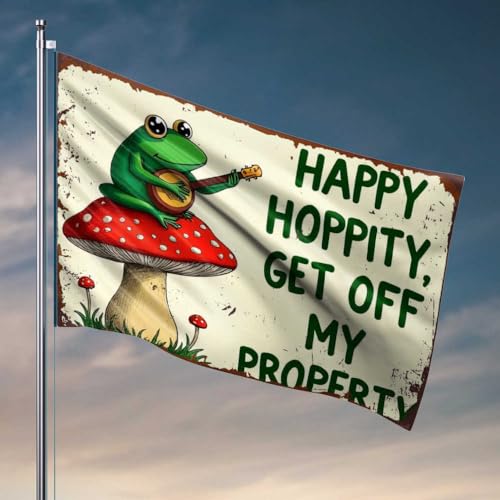 Coole Posterflaggen, Frosch auf Pilz, der Gitarre spielt: "Happy Hoppity, Get Off My Prope-Flagge", Indie-Raumdekoration, Herren-Höhlendekoration (120 x 180 cm) von FZFN