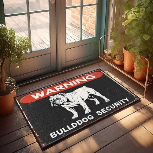 Eingangstürmatte Warnung: Bulldogge Sicherheit – Keep Out! Fußmatte Willkommen Teppiche Haustür Outdoor Raumdekoration für Herren (65 x 90 cm) von FZFN