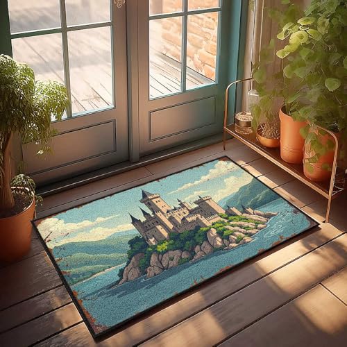 FZFN Fußmatte "Thankful", mittelalterliches Schloss auf einer felsigen Insel inmitten ruhiger Berge, Fußmatte, Sportbar, Dekoration, lustige Fußmatte (40 x 60 cm) von FZFN