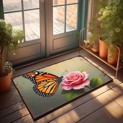 FZFN Fußmatte für Klassenzimmer, Monarch-Schmetterling, ruht auf einer rosa Rose, Fußmatte, Fußmatte, Schuhe (65 x 90 cm) von FZFN