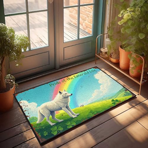 FZFN Fußmatte für Schlafsaal, weißer Wolf, stehend auf grünem Hügel mit Regenbogen im Hintergrund, Fußmatte, Jugendzimmer-Dekoration, Willkommensmatte für Klassenzimmer (65 x 90 cm) von FZFN